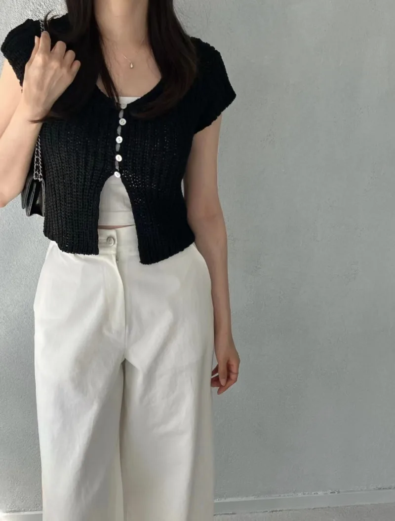 Korean Style Single Breasted Cardigans Femme V-neck Ropa Mujer 2024 Woman Sweaters Short Sleeve Tops Summer Crop Sueteres