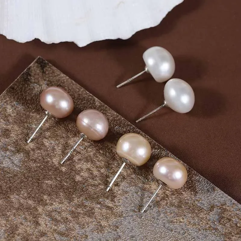 Real Natural Pearl Stud Earrings Womens 925 Sterling Silver Round Button Cultured Freshwater Pearls Ear Studs Classical Jewelry