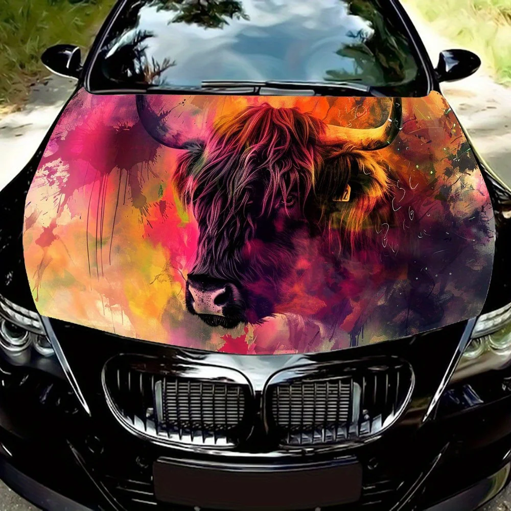 

Яркая пушистая виниловая наклейка на капот автомобиля Highland Cow, наклейка на двигатель автомобиля, водонепроницаемая самоклеящаяся крышка для упаковки автомобиля, Unive