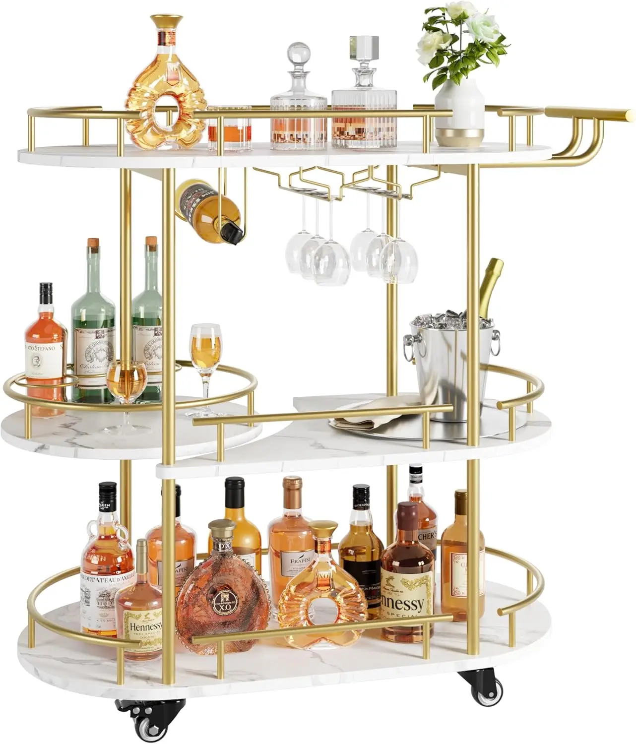 IDEALHOUSE Gold Bar Cart, 3 Tier Bar Carts for The Home, Rotated Cart Gold with Wine Rack and Glass Holder, Serving Cart