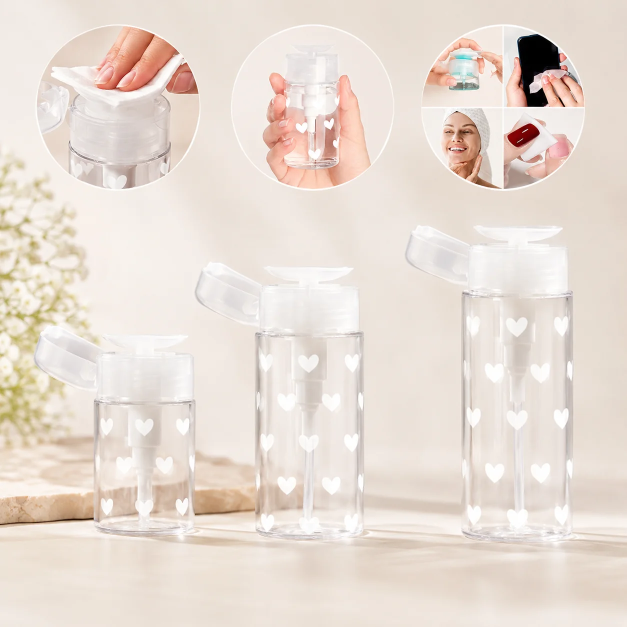 Nouvelle bouteille pompe à imprimé cœur 120-200ml pour démaquillant, tonique, vernis à ongles, lingettes de coton, voyage