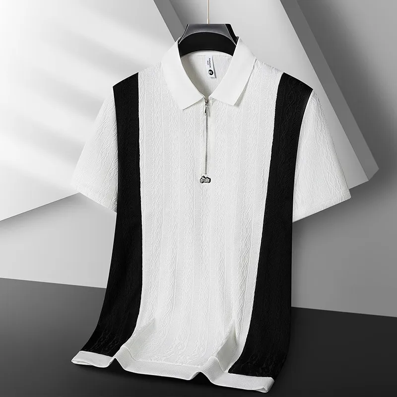 Summer Fashion Polo Shirt Men Ice Silk Elastic Splicing Casual Men's T-shirt Slim Fit Business Social Versatile Top Men Clothing