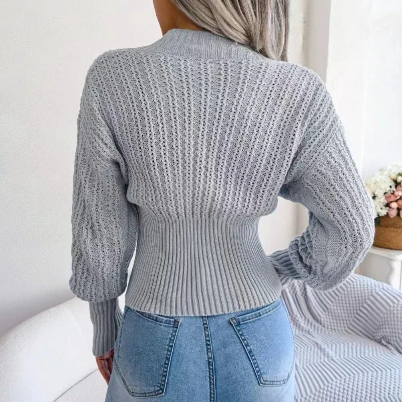 Autumn Winter Hollow Out Sexy V-neck Bat Sleeve Waist Women's Pullover Short Sweater New Knitted Top Elegant Solid Knitwear