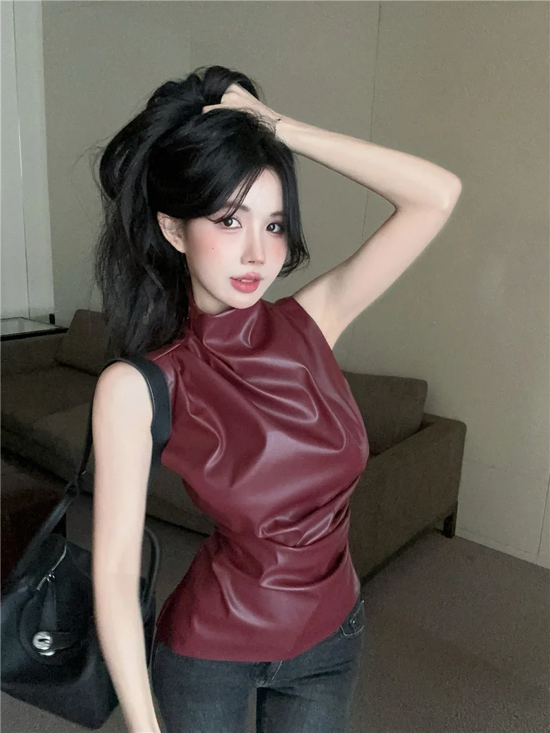 

Slim Fit Leather Vest Base Layer Half High Collar Sleeveless Fashionable Korean Style Commute Wind Personality Versatile Slim...