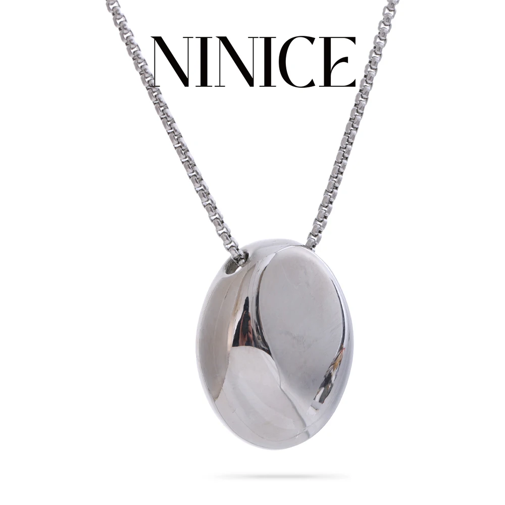 NiNice Minimalist Smooth Stainless Steel Metal Oval Pendant Necklace Rust Proof Long Unisex Sweater Chain Jewelry