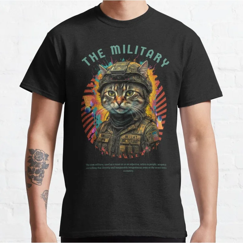 

The military Cute Ukrainian Cat Soldier Cool Ukraine art Short-sleeve crewneck T-shirt for men Large size Adult Tops S-6xl
