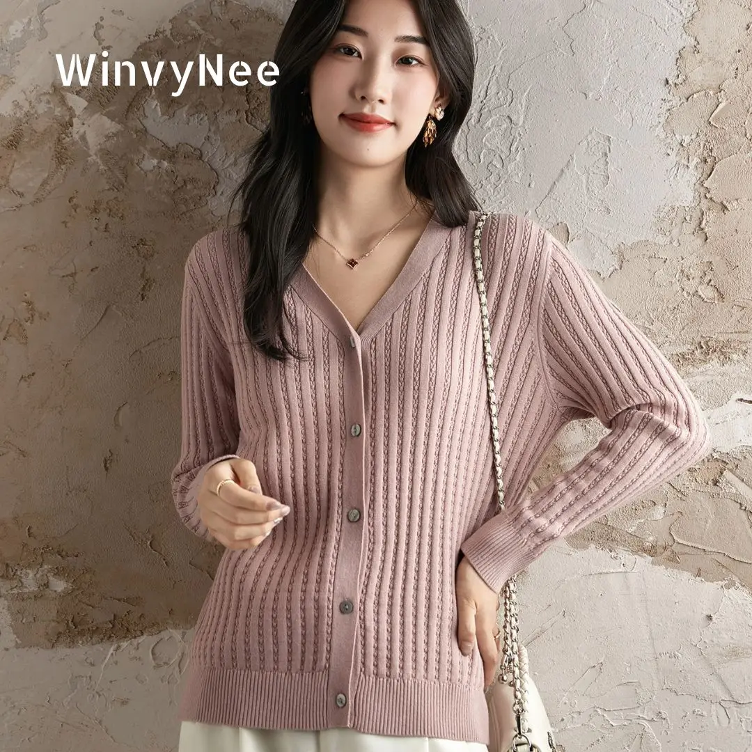 

WinvyNee Women's 100% Cotton Deep V-Neck Popcorn Stitch Stripe Solid Color Breathable Warm Long Sleeve Daily Cardigan B1092025