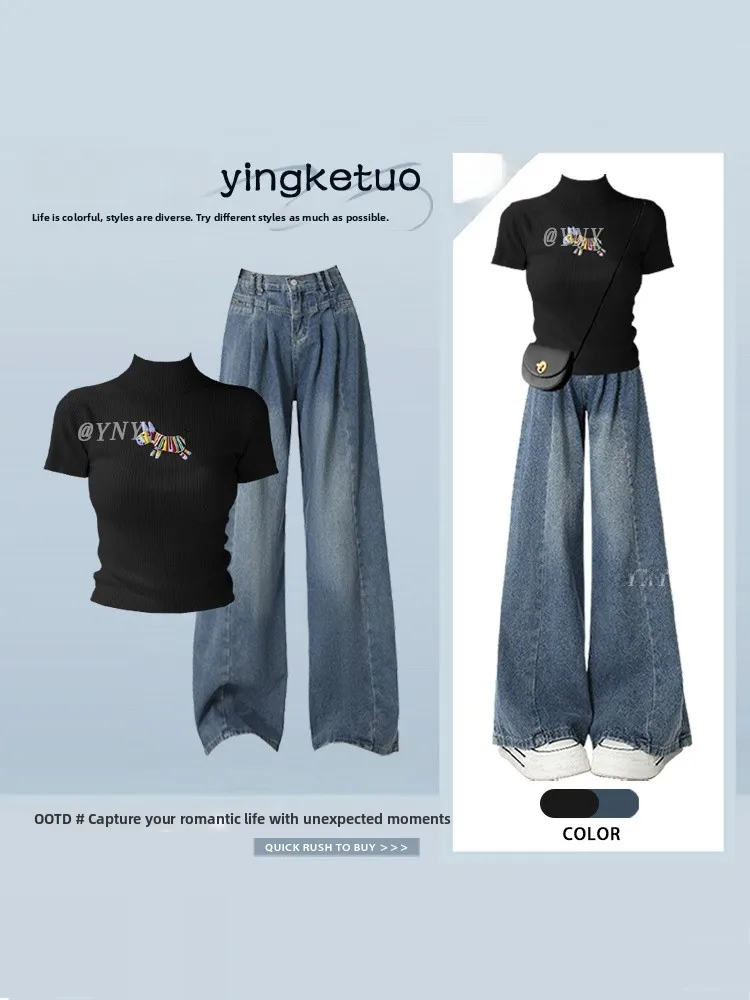 

Slim Fit Summer Short Sleeve T-Shirt Women's High Waist Jeans Fashion Set Cartoon Shoulder Width Matching Casual Wear