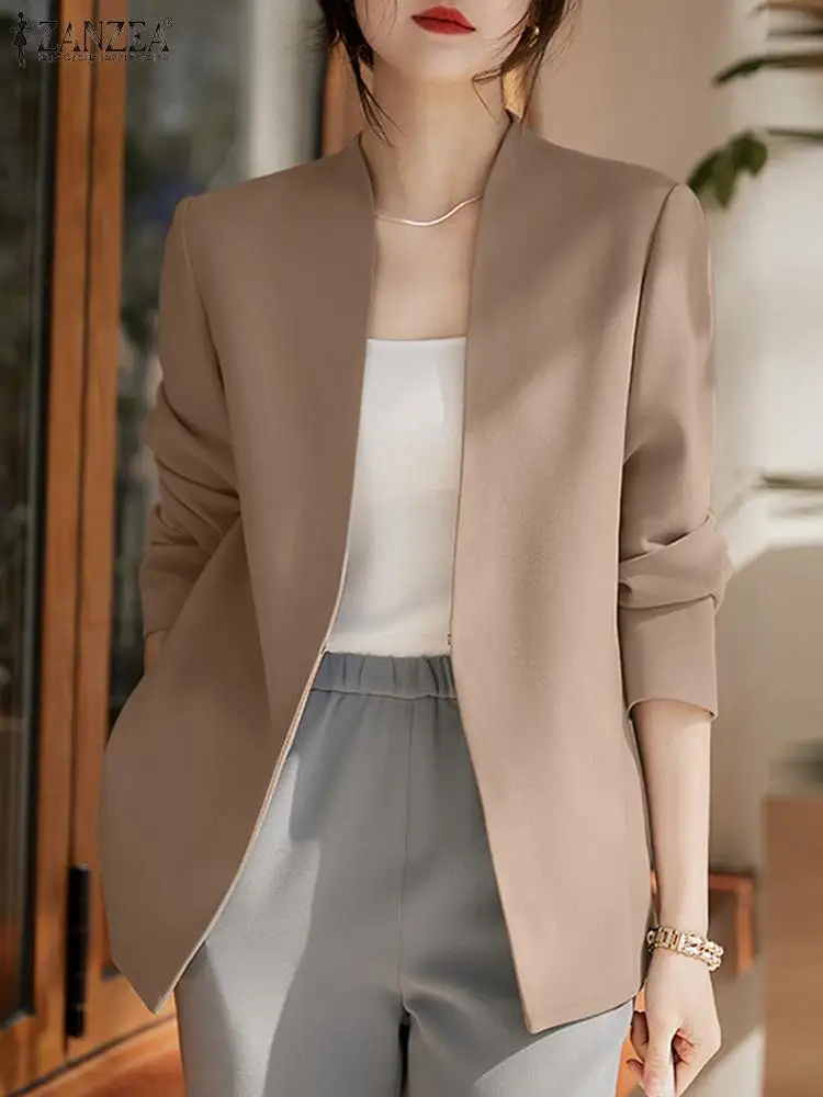 ZANZEA Spring Long Sleeve Solid Stain Tops Fashion V Neck Cardigan Women Elegant Office Work Blazer Casual OL Work Shirt Blusas