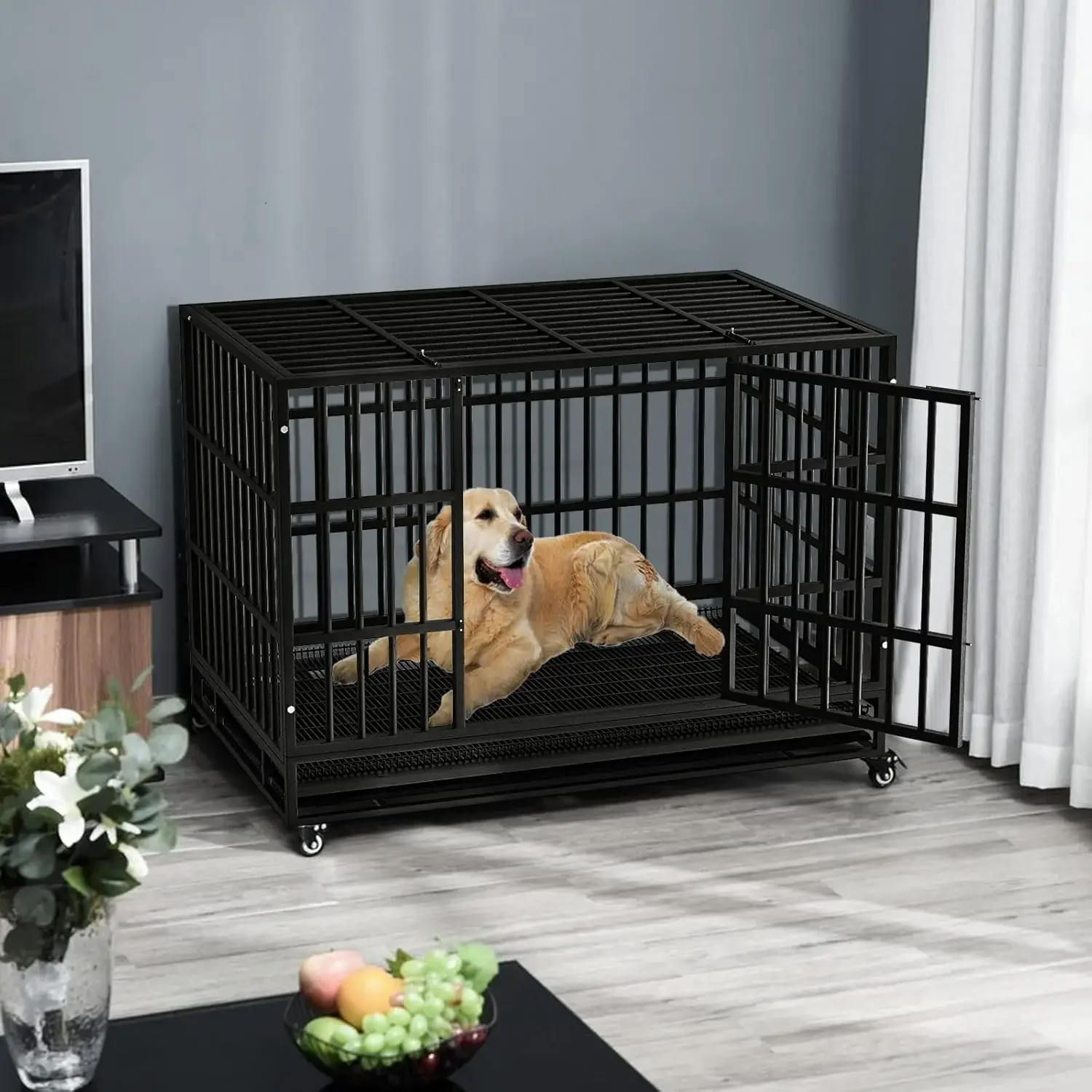 LEMBERI 48/38 inch Heavy Duty Indestructible Dog Crate, Escape Proof Dog Cage Kennel with Lockable Wheels,High Anxiety