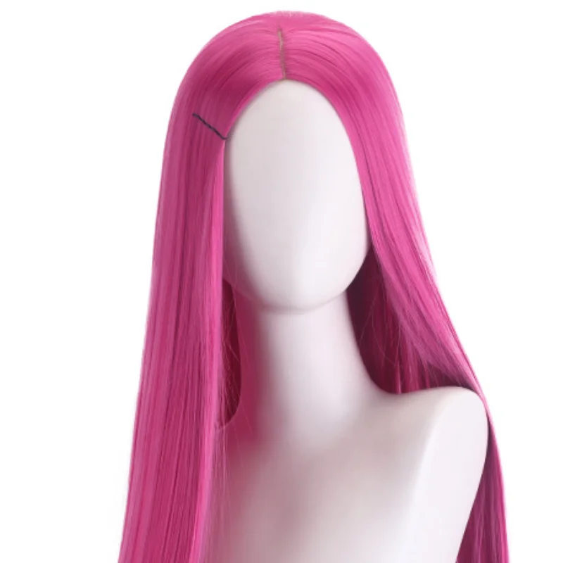 Peruka Cosplay K-Pop Mira Hunters Damska Długa Prosta 100cm Przedziałek na Środku Różowo-Czerwona Odporna na Ciepło Syntetyczna Peruka na Halloween