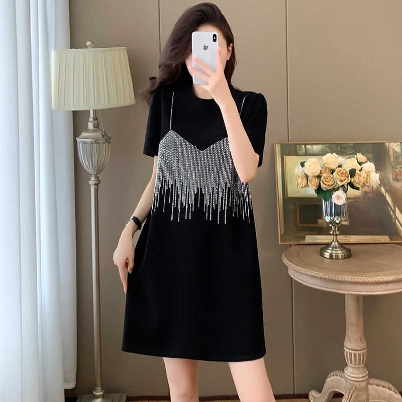 #7980 Summer Black False Two Piece T Shirt Dress Women Diamonds Streetwear A-line Dress Short Sleeve Elegant Office France Style