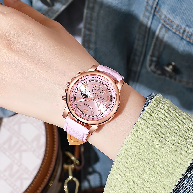 أنيقة وعادية عالية الجودة السيدات الملونة الذهب الهاتفي حزام من الجلد كامل الماس ووتش طالب فتاة بسيطة خمر على مدار الساعة