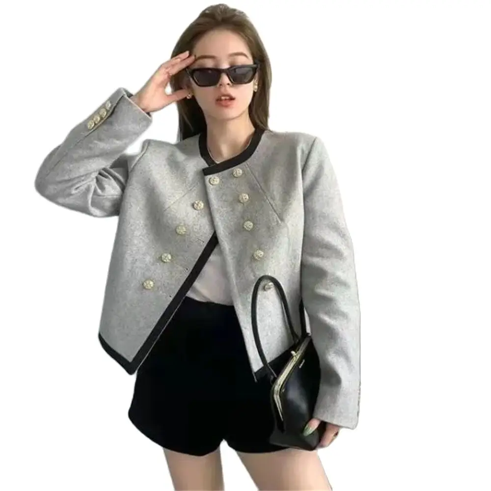 2024 Spring Autumn New Outwear Tops Korean Contrast Color Double Breasted O-Neck Coat Fashion Short Women Jacket