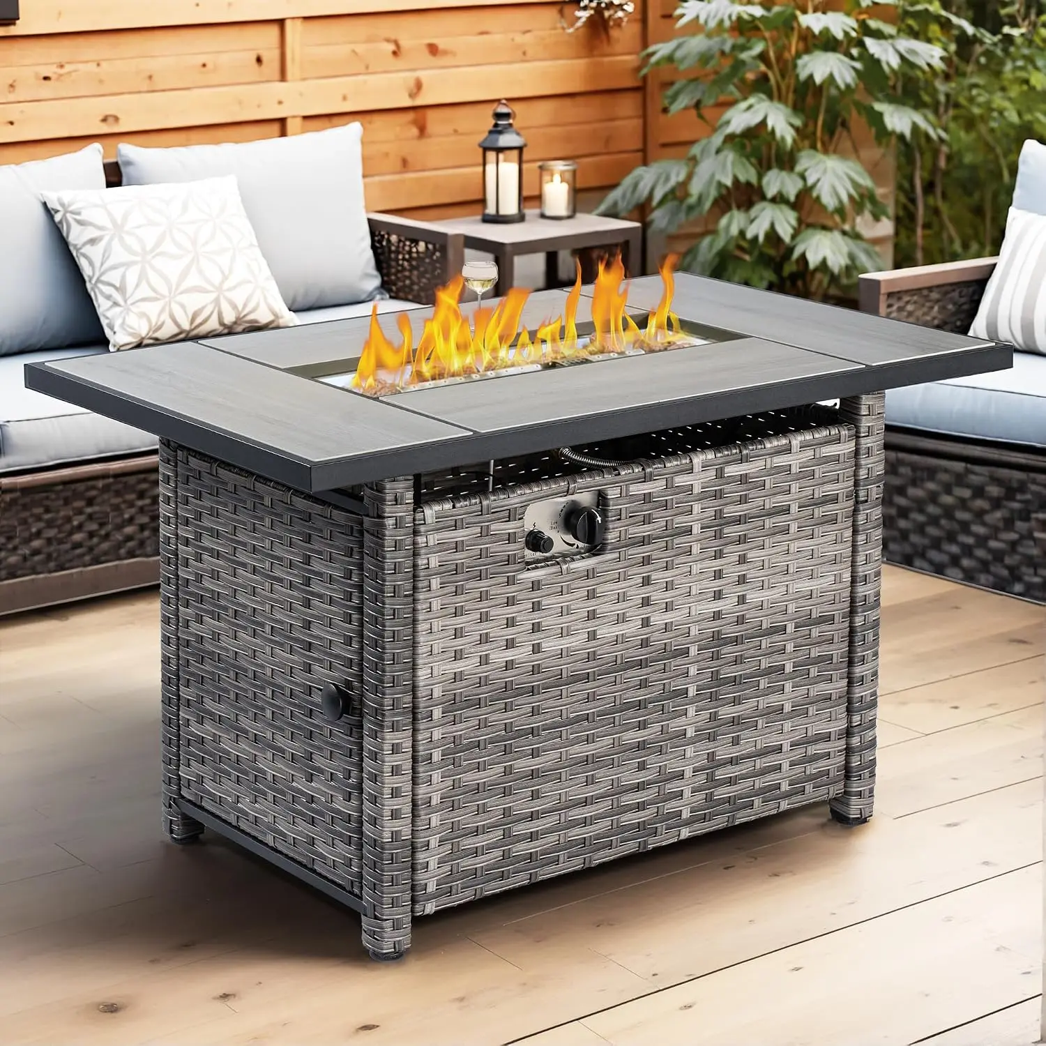 42 Inch Outdoor Patio Fire Pit Table, 50,000 BTU Heater PE Rattan Propane Firepits with Ceramic Tabletop,, Customized