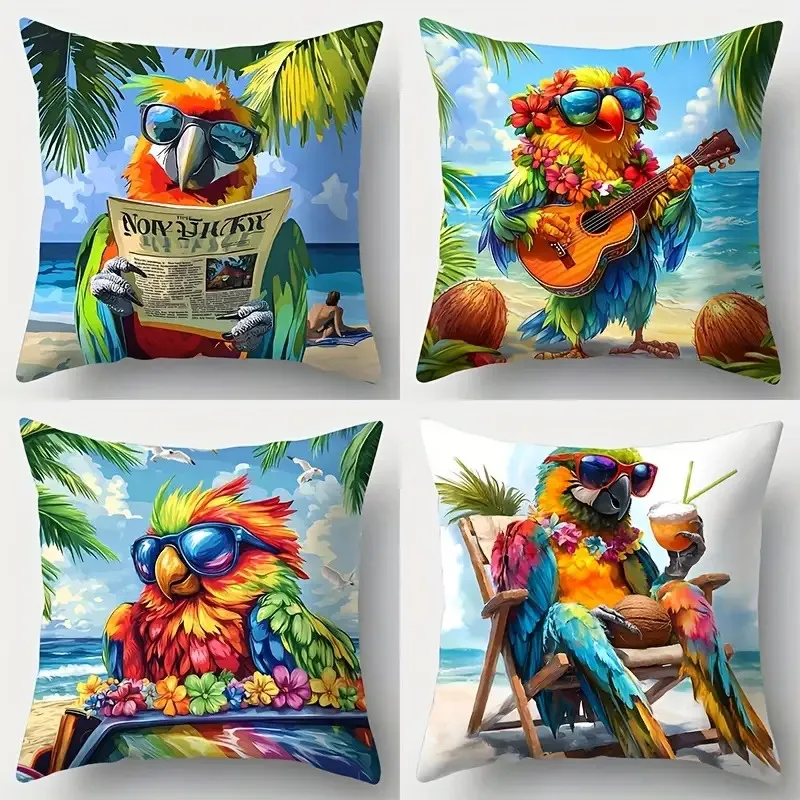 

Наволочка с цифровой печатью на тему попугаев и пляжа, короткий плюш, подходит для гостиных, спален, диванов, чехол для декоративной подушки, 4 шт.