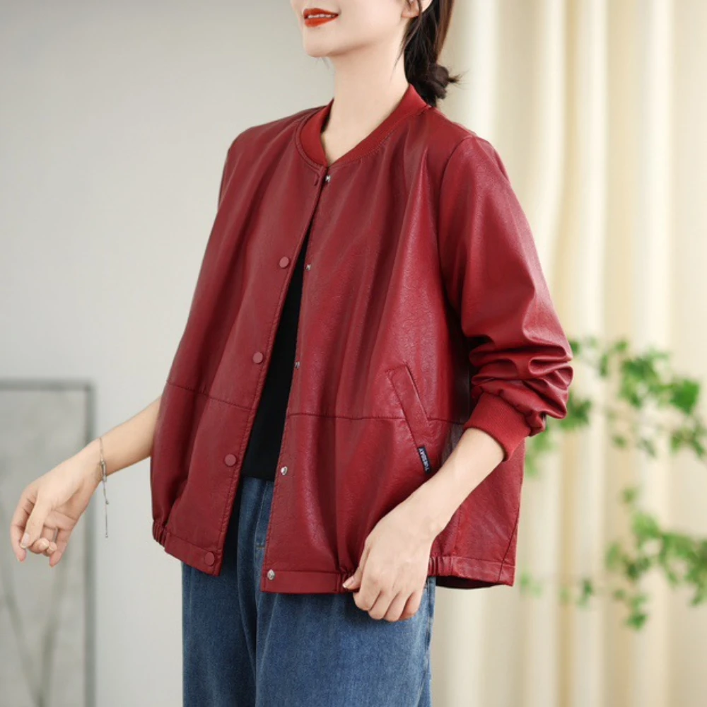 Solid color simple western style baseball collar short coat for women 2024 Autumn New loose all-matching casual PU Leather Coat