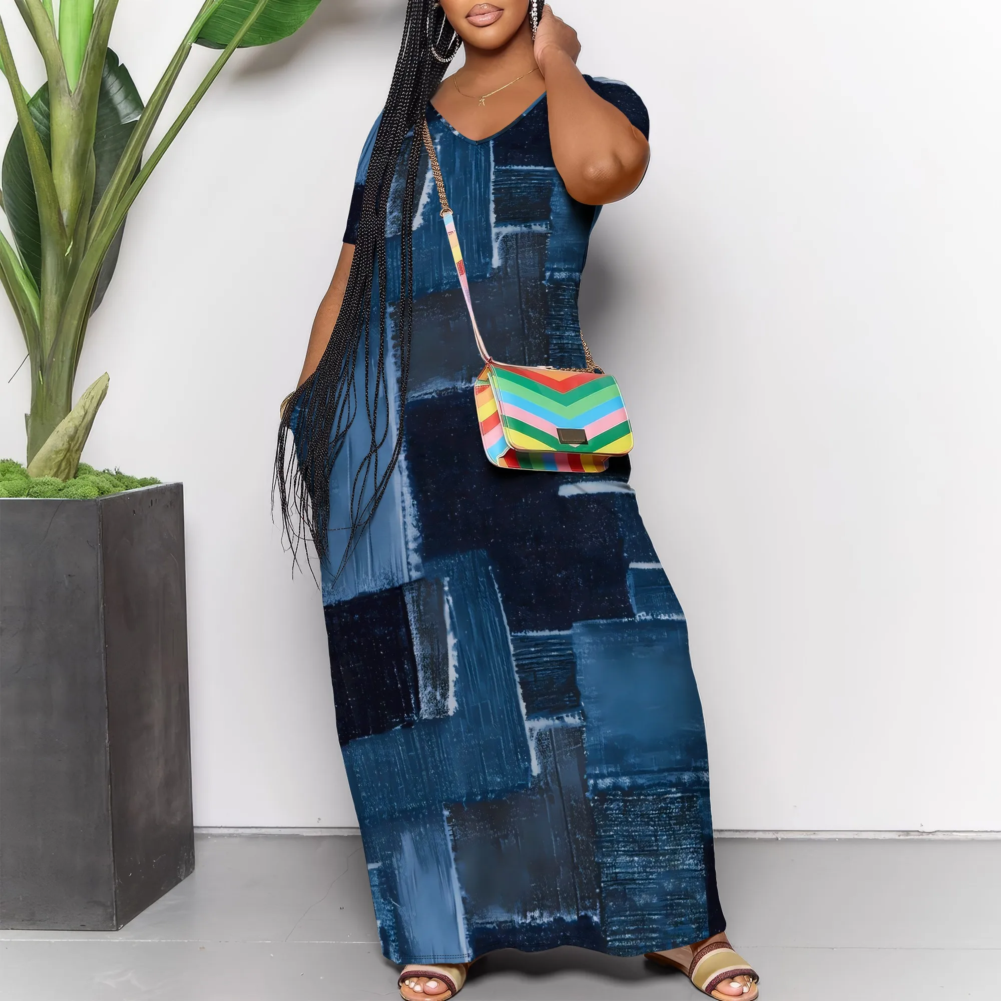 

Nupusa Denim - Look Patchwork Dress, Women's Standard Size, Short - Sleeve with Pockets, Casual Maxi Dress