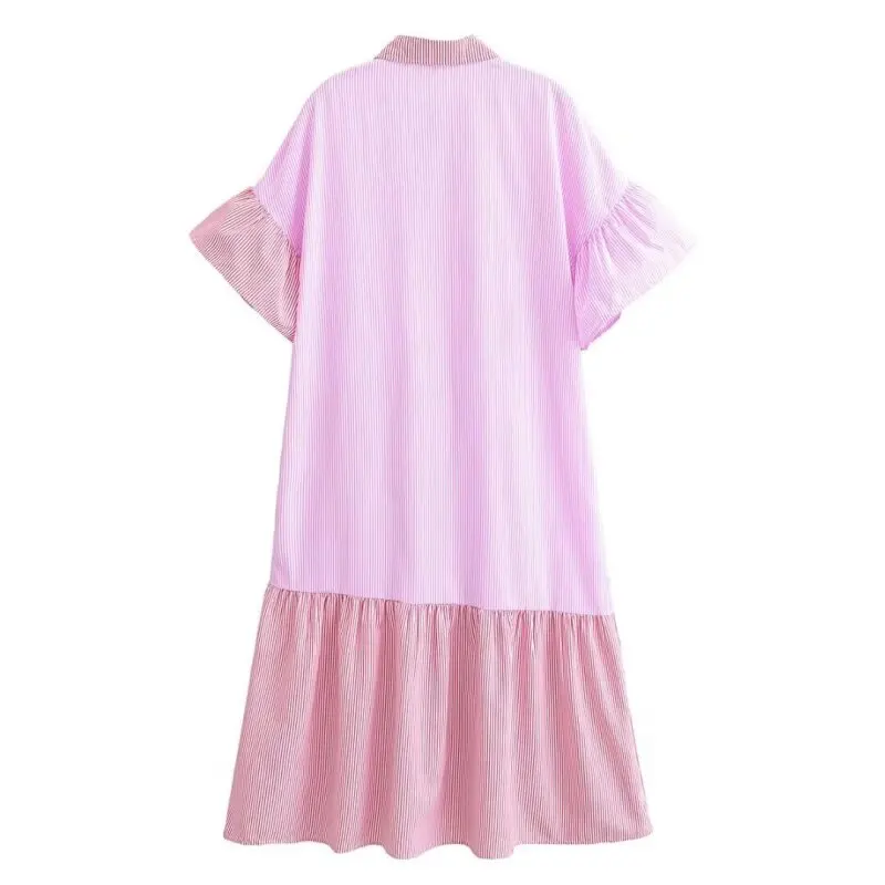 Vestido camisero asimétrico de dos tonos para mujer, vestido informal de verano de manga corta, minivestido holgado a la moda con C