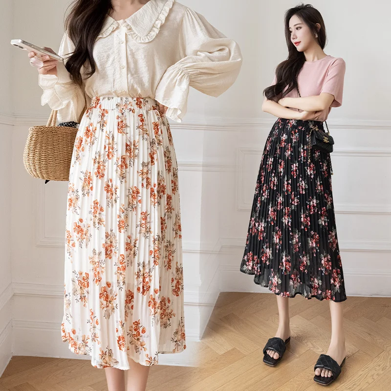 

Chiffon Floral Women's Skirt 2023 New Summer Vintage Tulle Pleated Midi Skirts for Women 2023 High Waist Female A Line Skirt