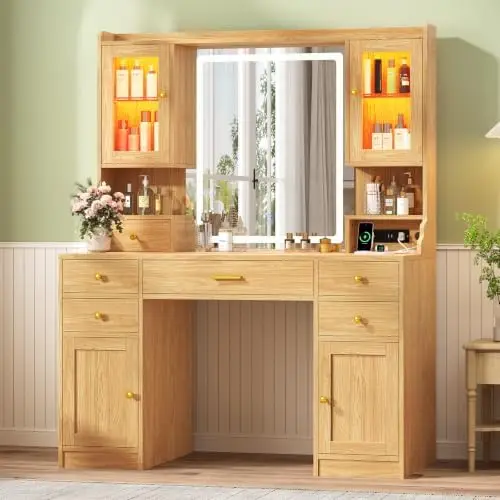 Makeup Vanity Desk with Mirror and Lights, Large Vanity Table Set with Charging Station, Dressing Table with RGB