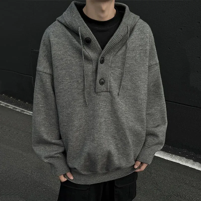 

Мужские винтажные свитера с капюшоном, однотонные осенне-зимние вязаные пуловеры на пуговицах, модная уличная одежда, повседневный свободный трикотаж
