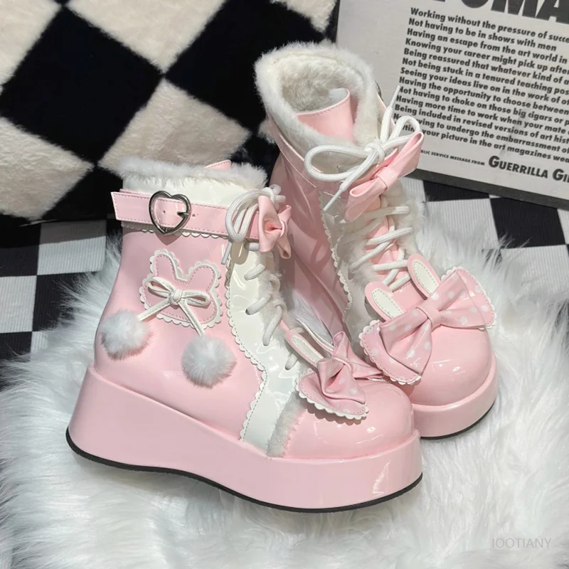 Doce lolita estilo botas de neve de inverno cosplay estudante feminino bonito pelúcia quente bolinhas coelho orelha velo-forrado sapatos plataforma 2026