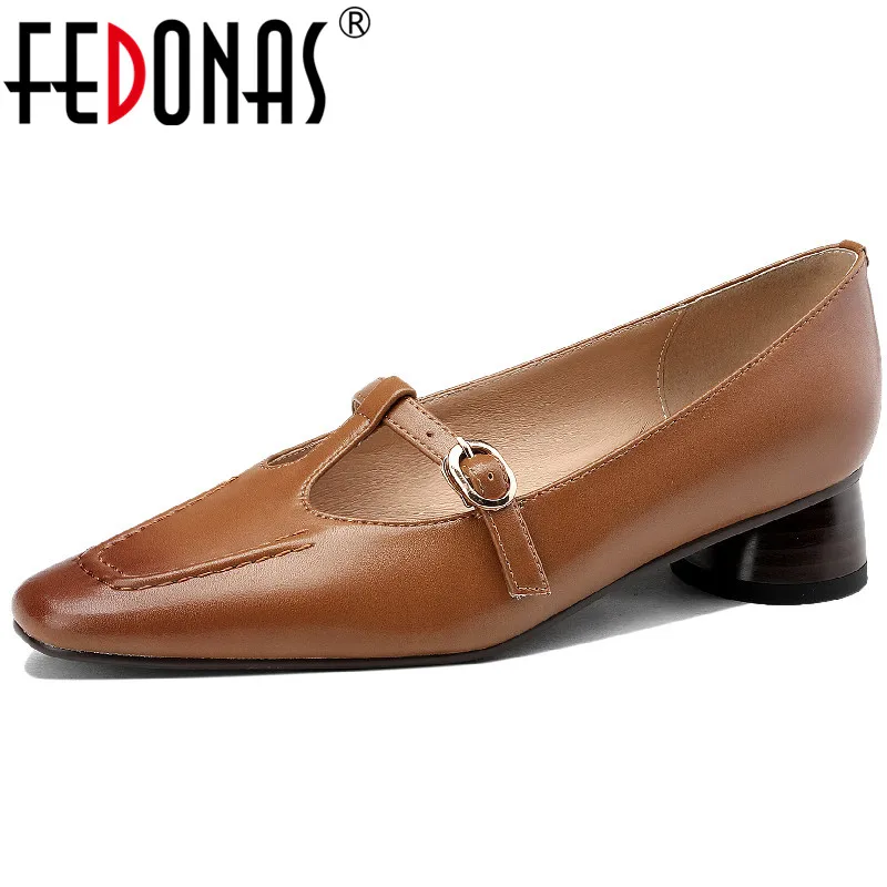 

FEDONAS 2023 Retro Style Mature Women Pumps Spring Summer Office Ladies Genuine Leather Thick Heels T-Strap Shoes Woman