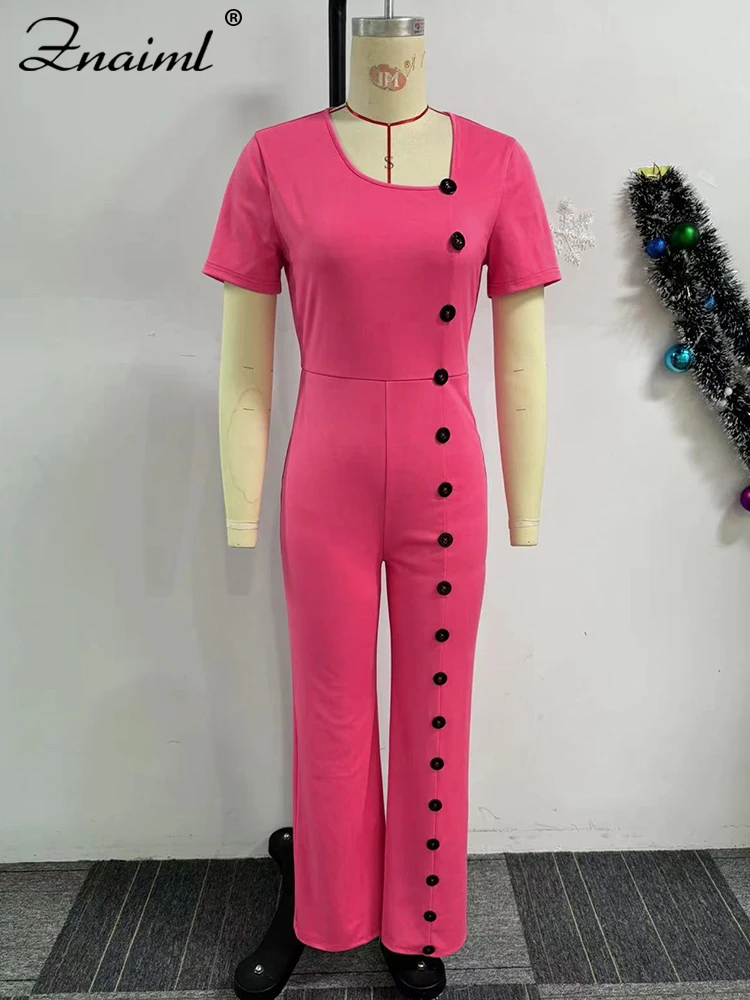 Znaiml baju terusan panjang elegan wanita, jumpsuit panjang elegan untuk pesta musim panas lengan pendek kancing warna Solid celana kaki lebar satu buah