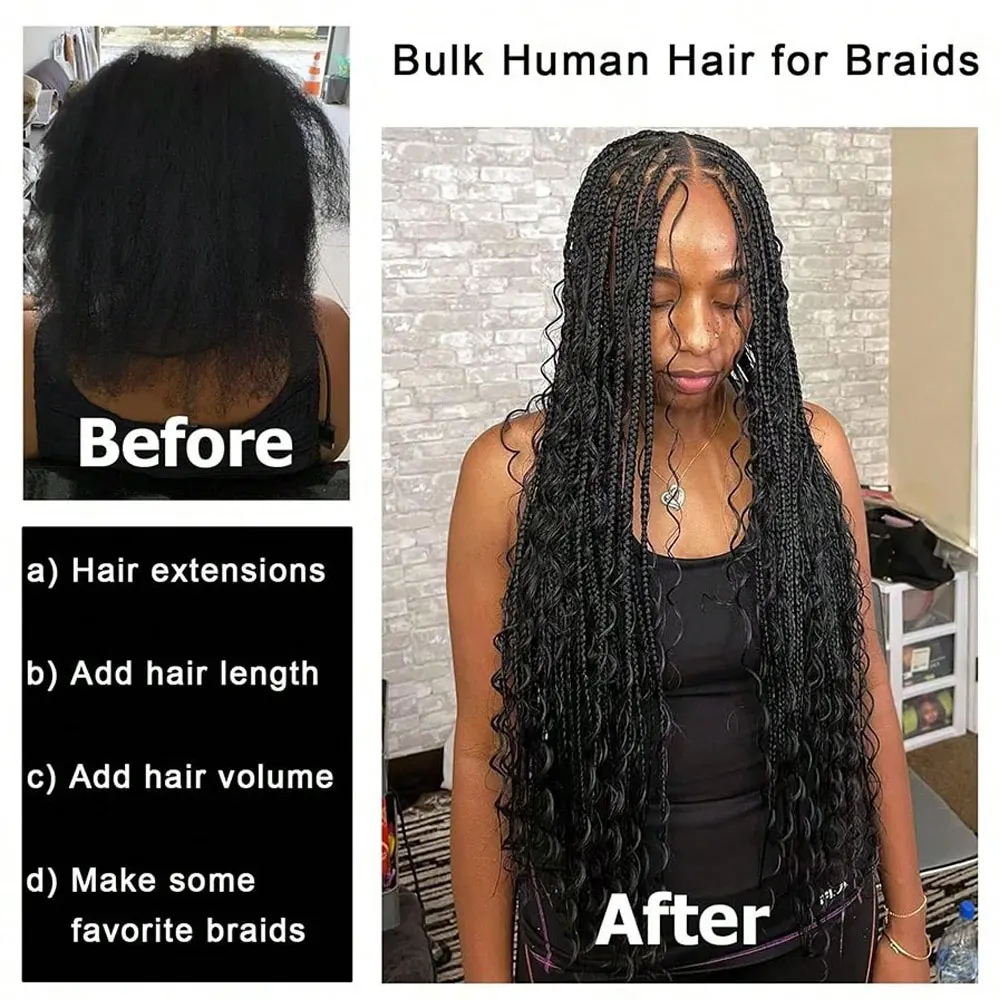 Pelo bohemio rizado de 110g y 28 pulgadas para trenzar sin nudos, 12 ondas deep, bohemio a granel, 2 mechones/paquete, Color Natural, 100% cabello humano