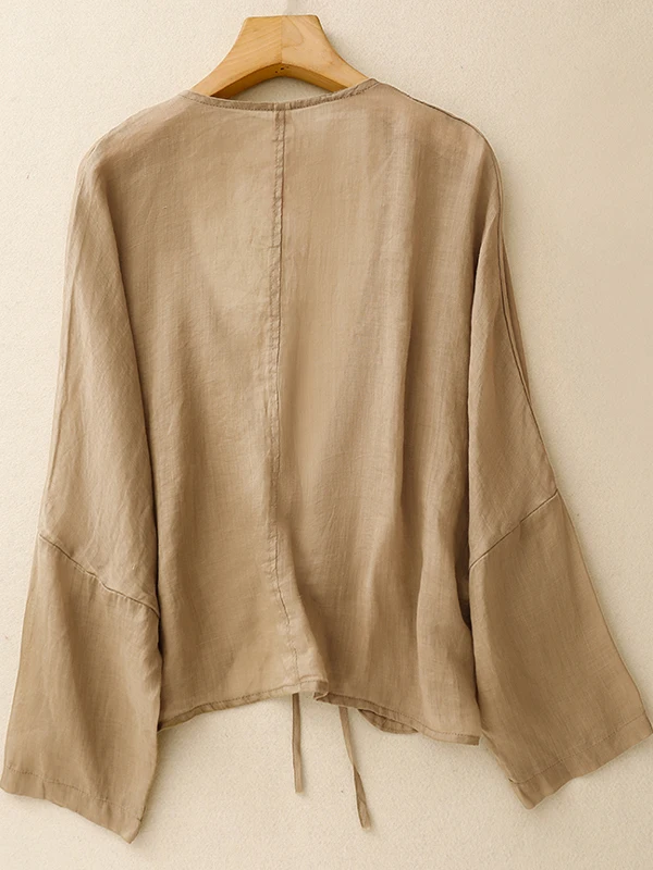 เสื้อคลุมคาร์ดิแกนผ้าลินินผสมคอตตอนลายมัดย้อมทรงหลวม แขนยาว สไตล์เรโทร สำหรับผู้หญิง ใส่สบายในฤดูร้อน คอวี  หลากสี