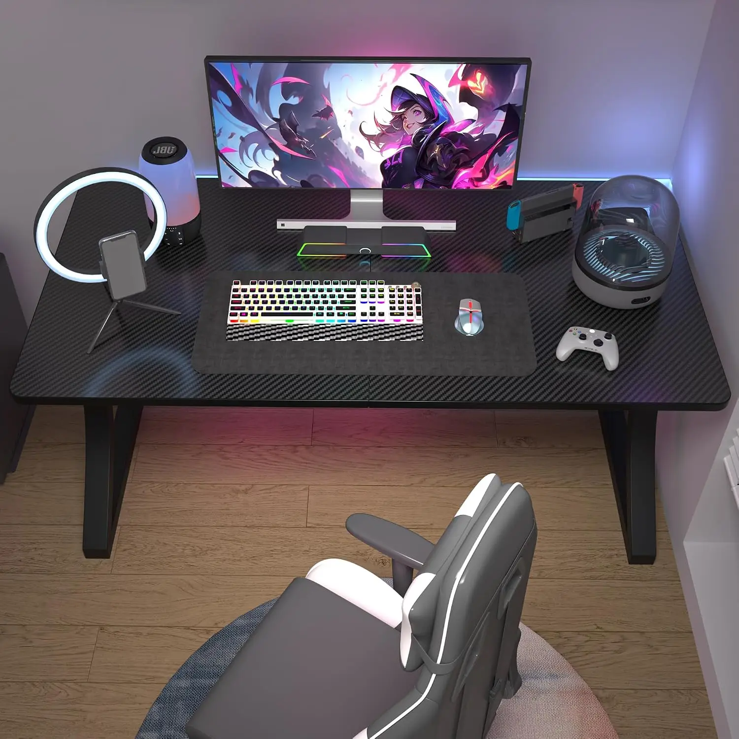 Carbon Fiber Gaming Desk with Storage Shelf & Cable Management, 55 Inch Large Workstation for Office Bedroom Study, Customized