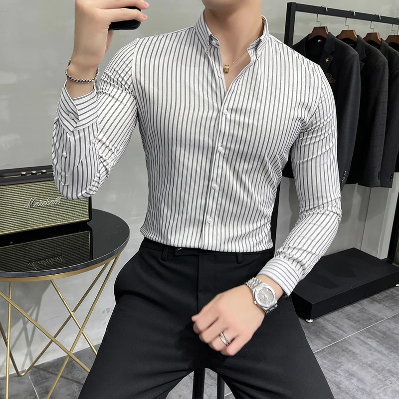 Mens Striped Shirts 2022 Spring New Long Sleeve British Style Solid Color Casual Long Sleeve Dress Shirts Brand Mens Clothing