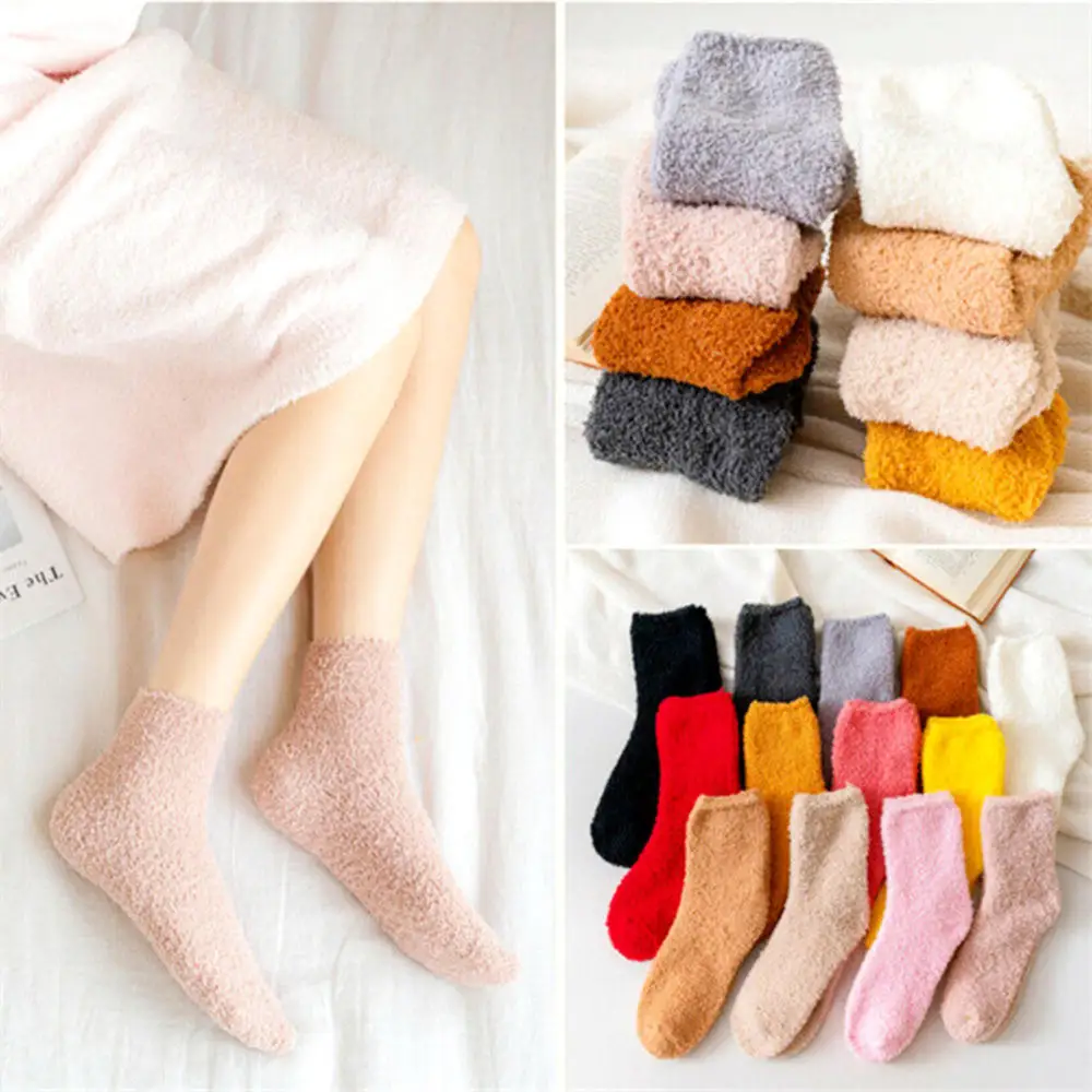 Women Girls Thicken Socks Winter Warm Coral Fleece Fluff Socks Solid Color Soft Cozy Female Mid Tube Home Floor Sleep Hosiery