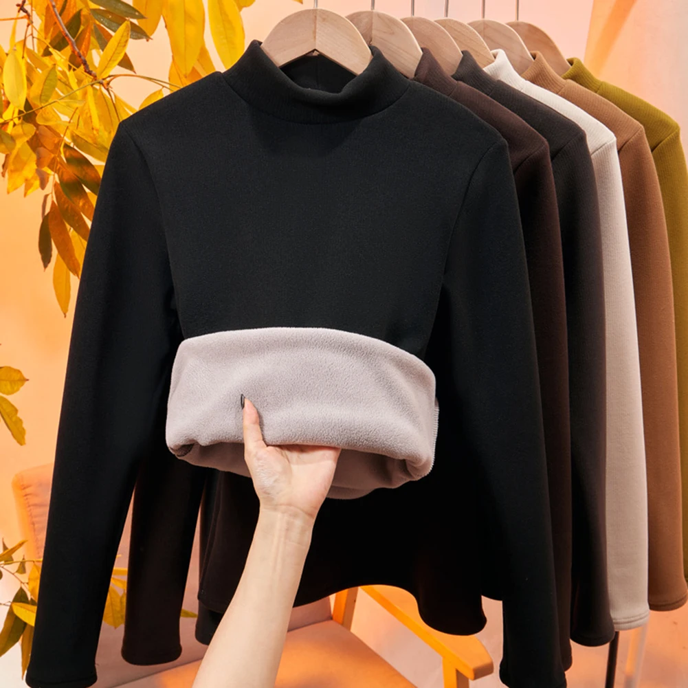 Womens Plush Thickened Warm Clothing Half-high Collar Base Shirt Fashion Tops