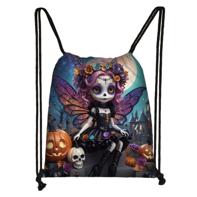 Gothic Skull Fairy Print Drawstring Bag for Travel Gothic Skeleton Girl Cartoon Backpacks Teenager Bookbag Shoes Holder Gift