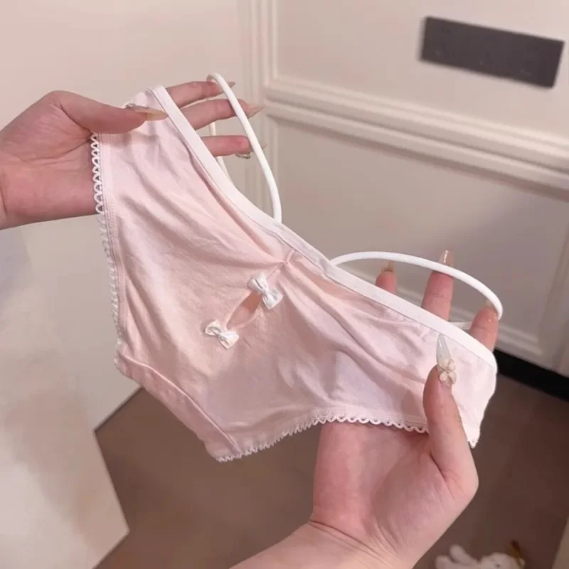 女性のローウエスト通気性ピンクかわいい綿パンティー快適な学生ブリーフ甘い弓セクシーなレースの下着