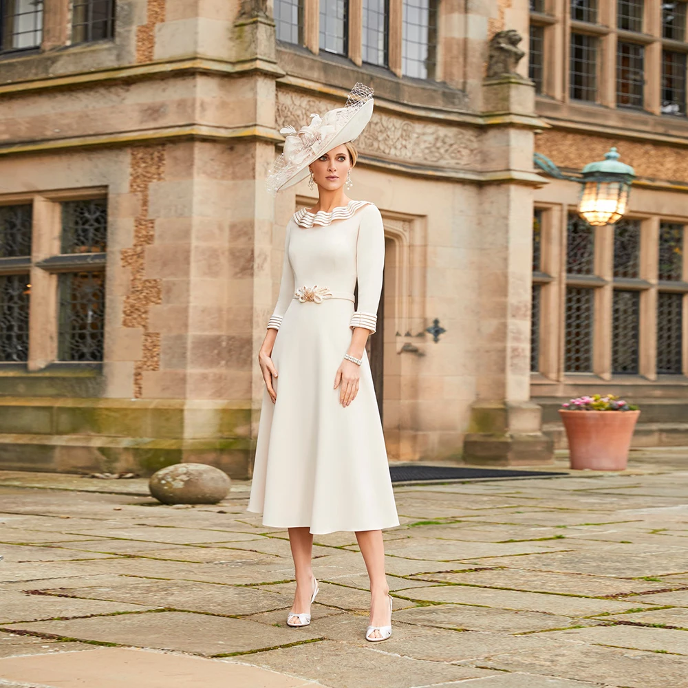 Elegante Ivoren Moeder Van De Bruid Jurken Voor Bruiloften Plooi Schep Lange Mouw A-Lijn Knielengte Robe De Soirée Mariage