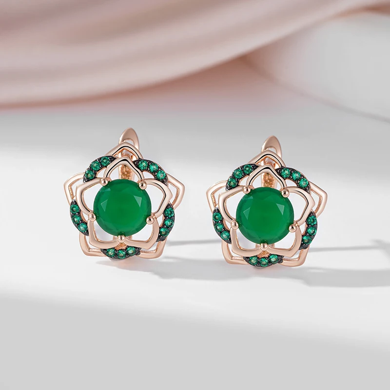 SYOUJYO Green Flower Natural Zircon Earrings For Women 585 Rose Gold Color Skeleton Luxury Party Jewelry