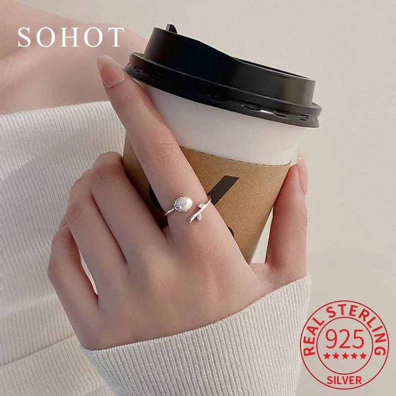 

Настоящее серебро 925 пробы, цветочное жемчужное кольцо с листьями для элегантных женщин, классические ювелирные изделия, изысканные аксессуары для растений