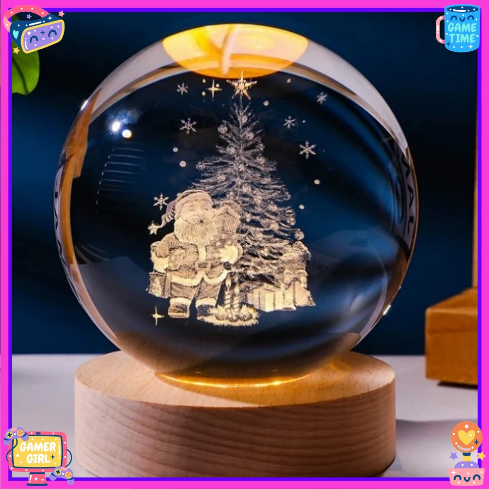 Solar System Crystal Ball 6cm - 3D Laser Engraved Glass Planet with Warm LED Night Light & Wooden Base