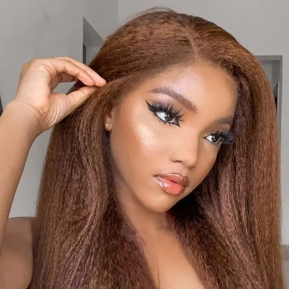 

Kinky Straight Chocolate Brown Human Hair Wigs 200% Density 13x6 Lace Frontal Wig Transparent Lace With Natural Hairline 30 Inch