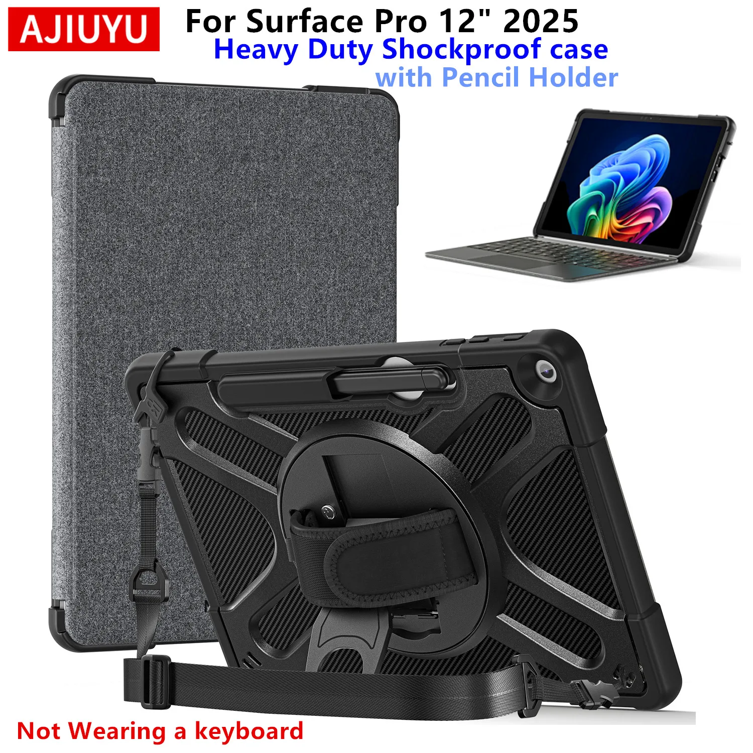 Heavy Duty Case For Microsoft Surface Pro 12 Inch 2025 Stand Cover with Back Pen Holder for Surface Pro 12 12
