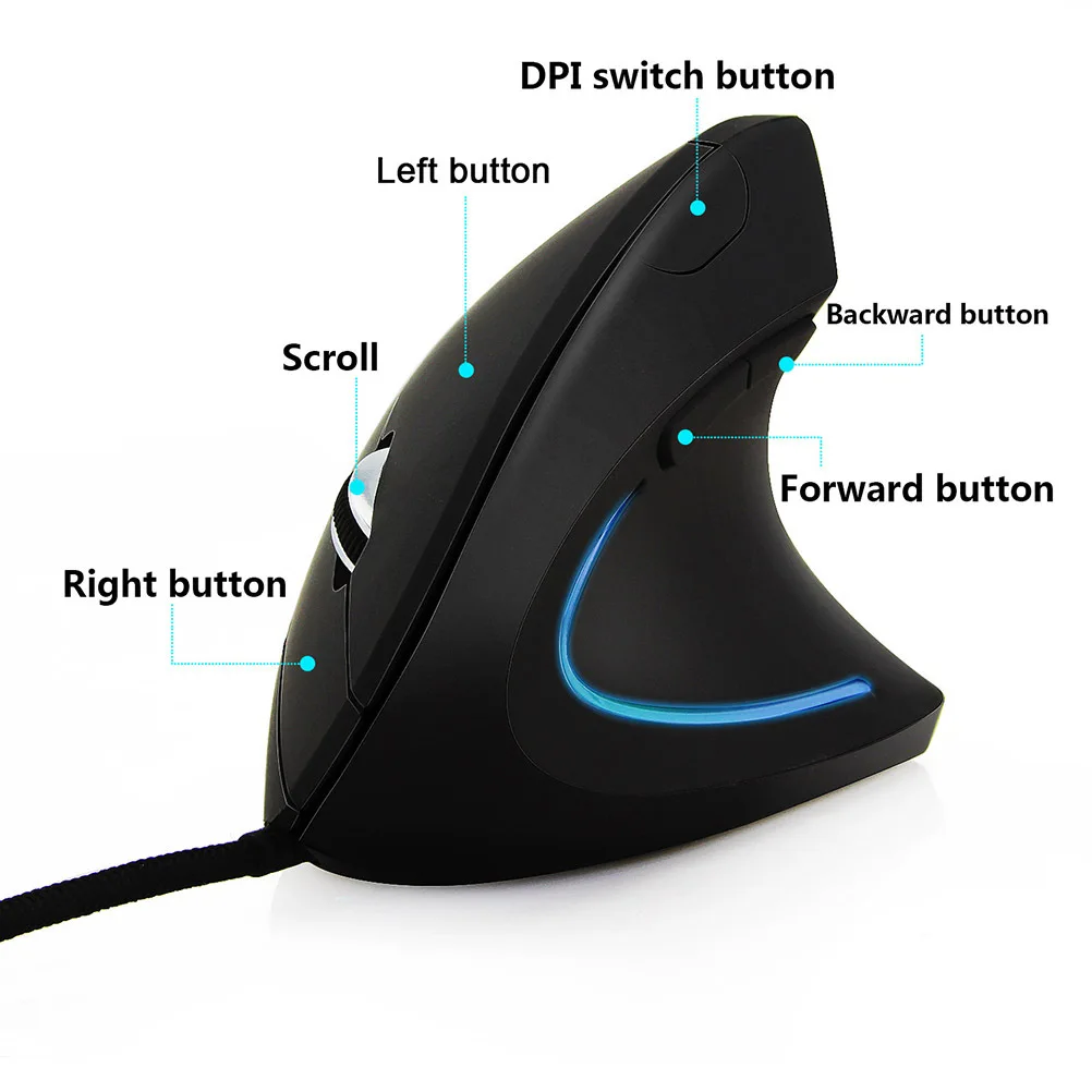 

Wired Ergonomic Optical Vertical USB Mouse Adjustable Dpi 800 1200 2000 3200 Tracking for Laptop Pc Desktop Notebook Black