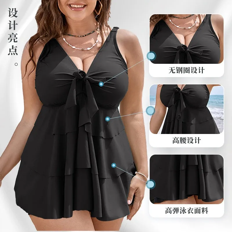 Woman Tankini Swimsuit Sleeveless Swimwear Plus Size High Waist Bathing Suit Ruffled Skirt Solid Black Swimsuit Two Tummy