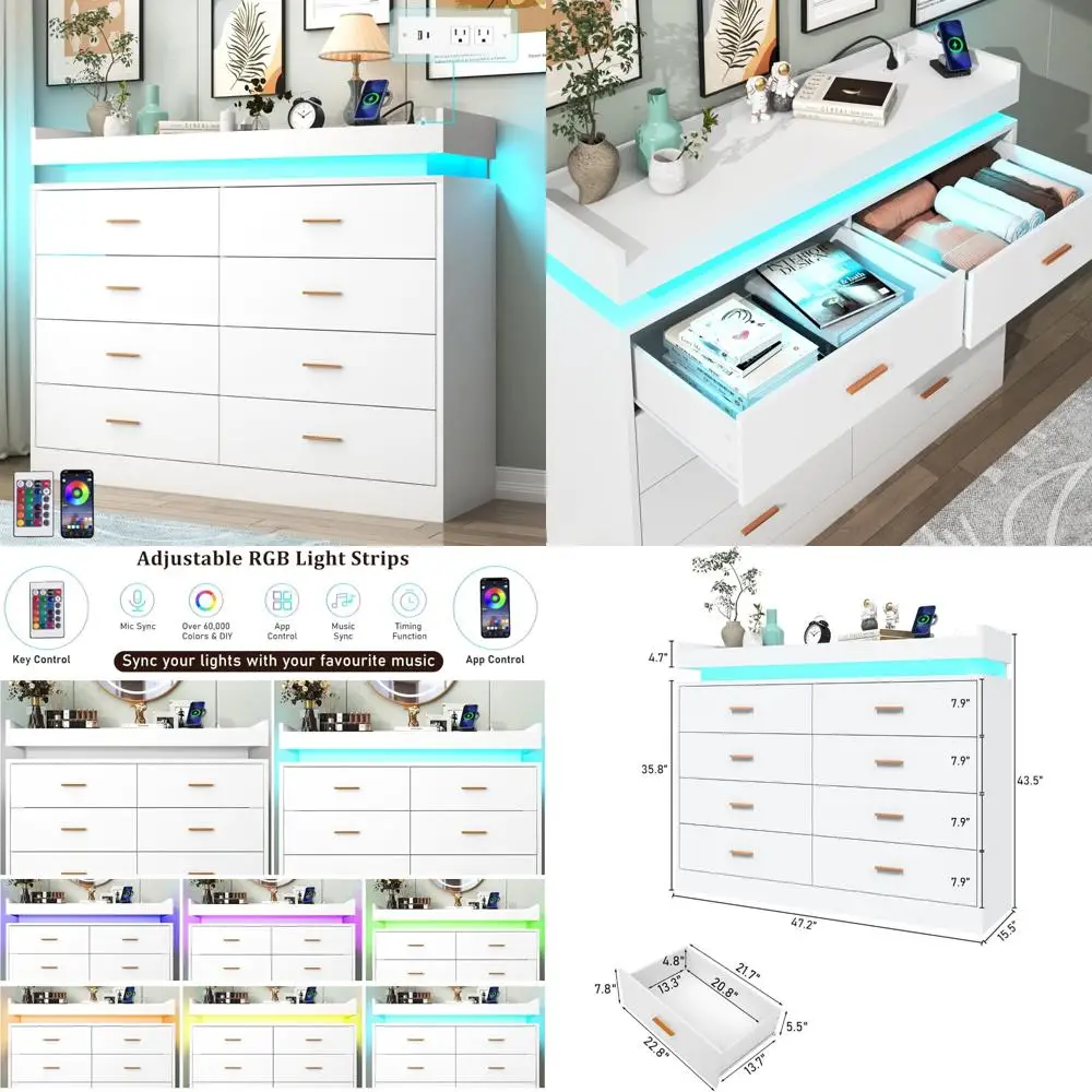 illuminated 8-drawer storage cabinet with charging port for modern wardrobe