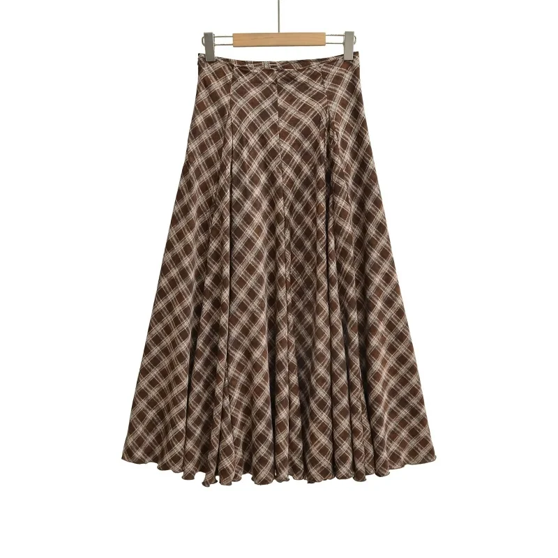 

High Waist Plaid A-Line Skirt Autumn Winter New Sle Retro f-length Umbrella Skirt Coffee Color Commute Ele Women's S...