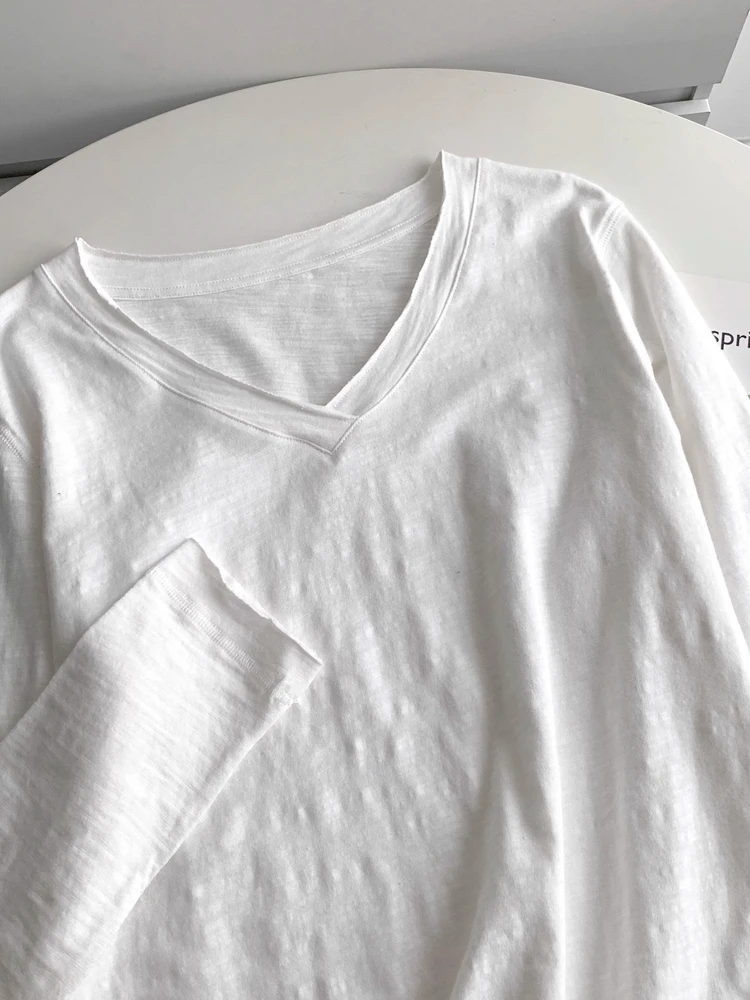 

plus Size 300 Pou Bamboo Cotton V-ne Long Sve Women's T-irt Spring Autumn plus Size White Top Commute Sle