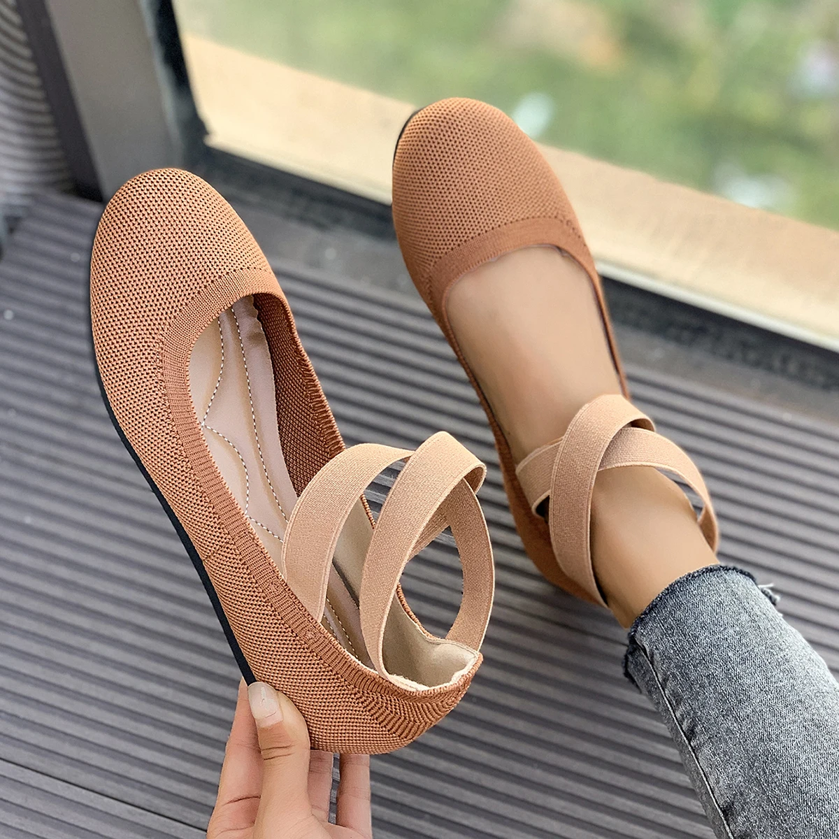 النساء الشقق ربيع الخريف مريحة أحذية رياضية مسطحة النساء بلون محبوك أحذية النساء عادية تنفس الباليه شقة المتسكعون