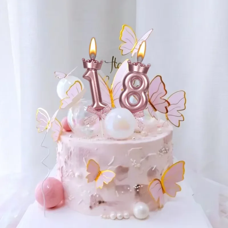 Shiny Metallic Pink Crown Digital Candle Glitter Ribbon Bow Cake Topper DIY Cupcake Decor For Birthday Wedding Party Favors